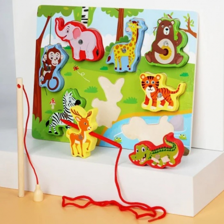 Jucării din lemn - Joc 3 in 1 puzzle, pescuit magnetic si joc de insiruit ANIMALE DIN JUNGLA