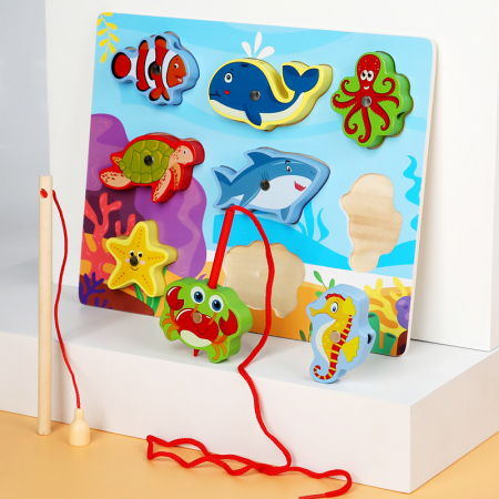 Jucării din lemn - Joc 3 in 1 puzzle, pescuit magnetic si joc de insiruit ANIMALE MARINE