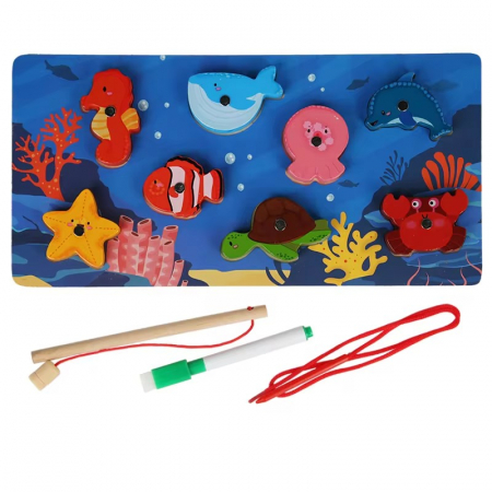Jucării de îndemânare - Joc 3 in 1 puzzle, pescuit magnetic si joc de insiruit din lemn