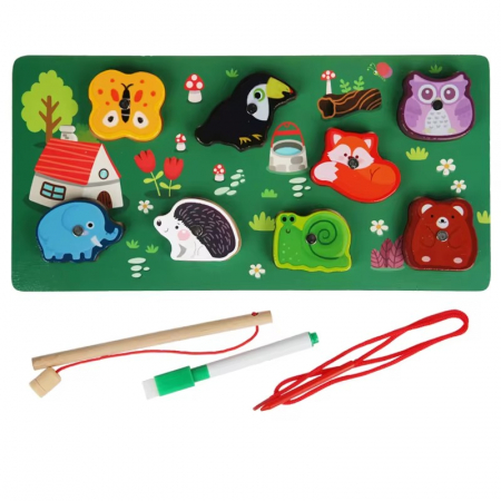 Jocuri Educative - Joc 3 in 1 puzzle, pescuit magnetic si joc de insiruit din lemn