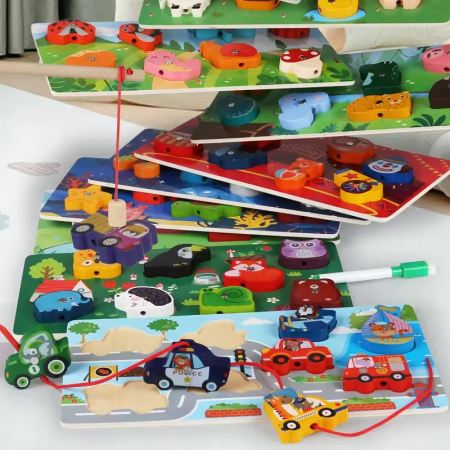 Joc 3 in 1 puzzle, pescuit magnetic si joc de insiruit din lemn [4]