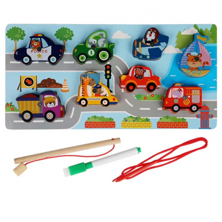 Jucării de îndemânare - Joc 3 in 1 puzzle, pescuit magnetic si joc de insiruit din lemn