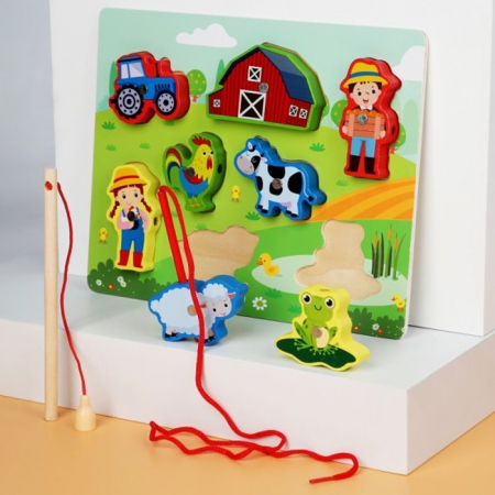Jucării din lemn - Joc 3 in 1 puzzle, pescuit magnetic si joc de insiruit FERMA