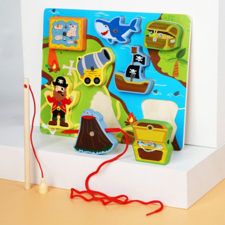 Jucării de îndemânare - Joc 3 in 1 puzzle, pescuit magnetic si joc de insiruit PIRATI