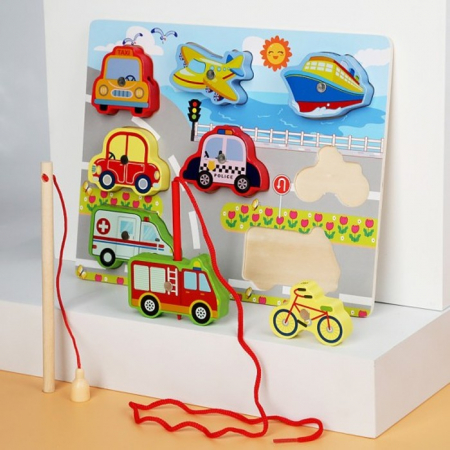 Jucării din lemn - Joc 3 in 1 puzzle, pescuit magnetic si joc de insiruit VEHICULE 2
