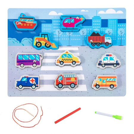Jucării creative - Joc 4 în 1 din lemn VEHICULE - puzzle 3D, joc de pescuit, jucărie de înșiruit si tabla de scris