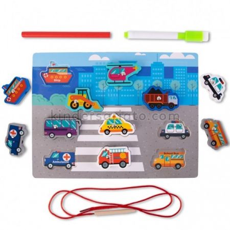 Joc 4 în 1 din lemn VEHICULE - puzzle 3D, joc de pescuit, jucărie de înșiruit si tabla de scris [3]