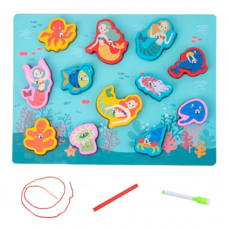 Joc 4 în 1 din lemn VIETATI MARINE SI SIRENE - puzzle 3D, joc de pescuit, jucărie de înșiruit si tabla de scris [1]