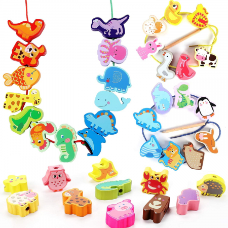 Jucării din lemn - Joc de insiruit din lemn in cutie de plastic tip gentuta- 42 de piese animale, dinozauri si pasari