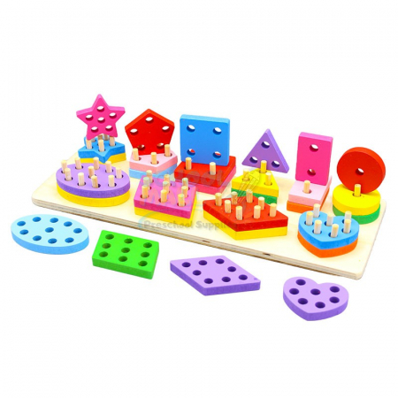 Jucării din lemn - Joc de tip Montessori Sortator cu 10 forme geometrice Shape Sleeve Column