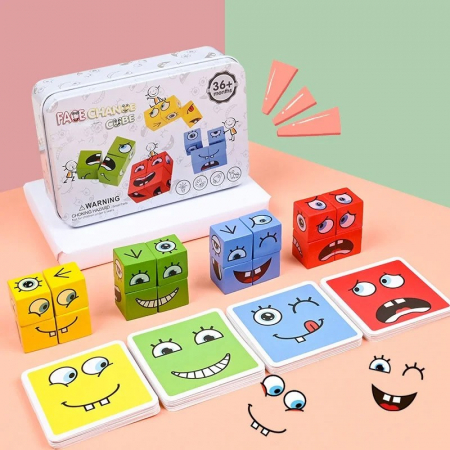 Jocuri de Societate - Joc de tip Puzzle Expresii faciale in cutie metalica- Expression puzzle building blocks