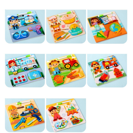 Joc din lemn 2 in 1 puzzle meserii si ustensile specifice si tabla lavabila de scris [2]