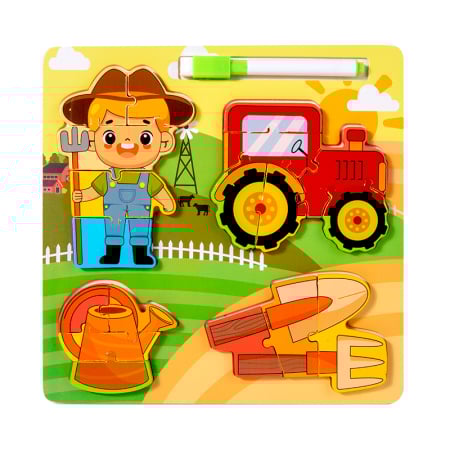 Jocuri Educative - Joc din lemn 2 in 1 puzzle meserii si ustensile specifice si tabla lavabila de scris