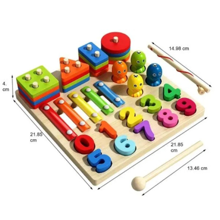 Joc din lemn 4 in 1 puzzle numere, pescuit magnetic, joc de stivuit si xilofon [2]