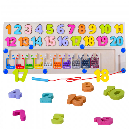 Jocuri Educative - Joc din lemn de tip Montessori 2 in 1 puzzle numere si labirint magnetic sortare culori