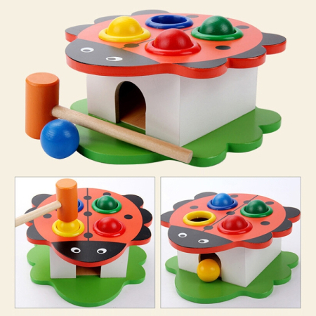 Jucării din lemn - Joc din lemn Montessori cu bile si ciocan cutia permanentei Casuta buburuzei