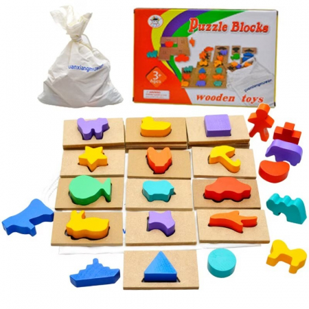 Jucării din lemn - Joc din lemn obiecte si umbra lor Puzzle Blocks