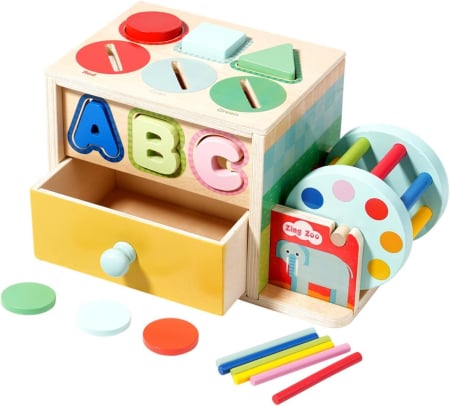 IDEI DE CADOURI - Joc educativ cutie sortator forme si culori din lemn cu sertar Touch Box