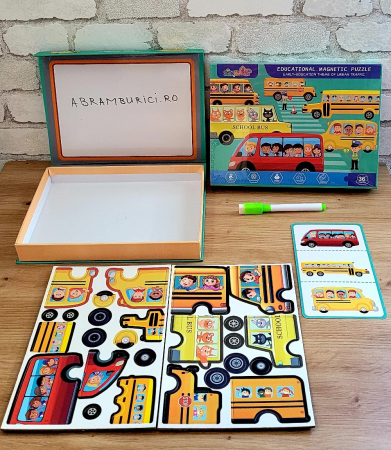 Jucării creative - Joc magnetic 2 in 1 tip carte PUZZLE VEHICULE, SCRIE SI STERGE