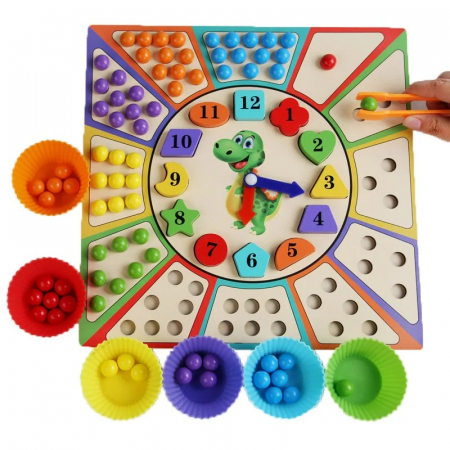 Jocuri Educative - Joc Montessori 2 in 1 din lemn Invata Ceasul si Sorteaza si Potriveste culorile