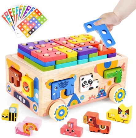 Jucării din lemn - Joc Montessori din lemn de motricitate si asociere Remorca cu activitati Animal Geometry Car