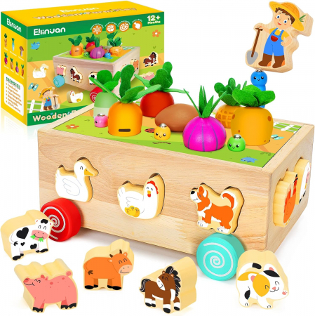 Jucării de îndemânare - Joc Montessori din lemn de motricitate si indemanare Remorca cu activitati Farm harvest game