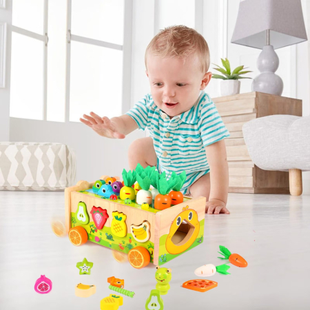 Joc Montessori din lemn de motricitate si indemanare Remorca cu activitati Frog Fishing Pull along Car [3]