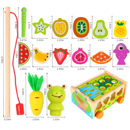 Joc Montessori din lemn de motricitate si indemanare Remorca cu activitati Frog Fishing Pull along Car [6]