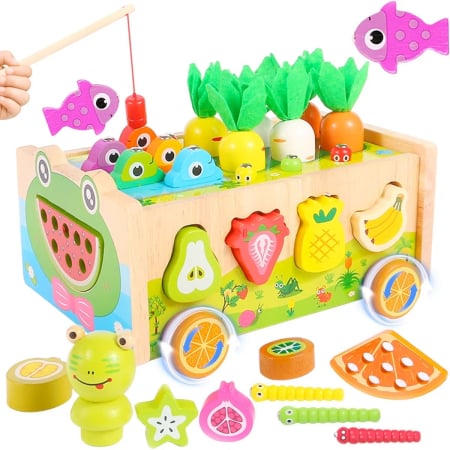 Jucării copii 5-6 ani - Joc Montessori din lemn de motricitate si indemanare Remorca cu activitati Frog Fishing Pull along Car