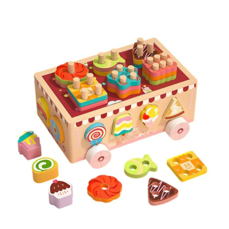 Jucării din lemn - Joc Montessori din lemn de motricitate si indemanare Remorca cu deserturi si inghetata