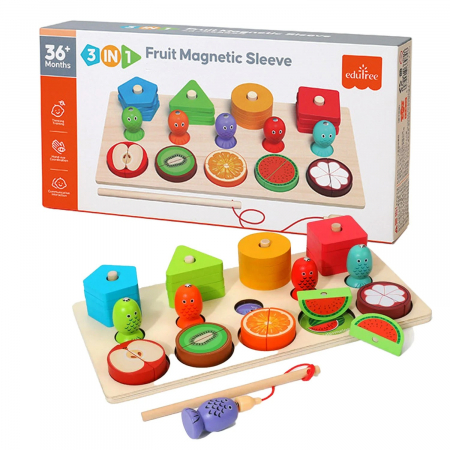 Jucării din lemn - Joc Montessori din lemn de potrivire si motricitate 3 in 1 Fruit Magnetic Sleeve