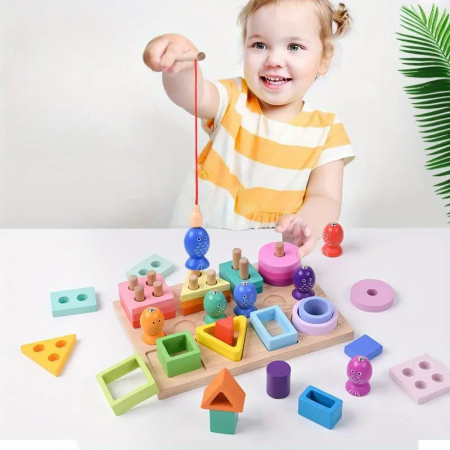 Jucării din lemn - Joc Montessori din lemn pentru motricitate Sets of columns 3 in 1
