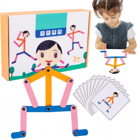 Jucării din lemn - Joc Montessori din lemn pentru motricitate si asociere Omulet in miscare Wooden Man