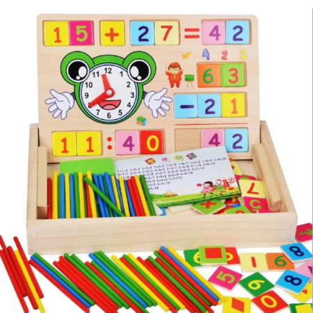Jocuri Didactice - Joc multifunctional  din lemn activitati matematice, invata ceasul, tablita de scris cu creta