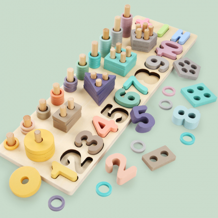 Jocuri Educative - Joc multifunctional din lemn logarithmic 3 in 1 Puzzle numere, stivuit cerculete si forme geometrice
