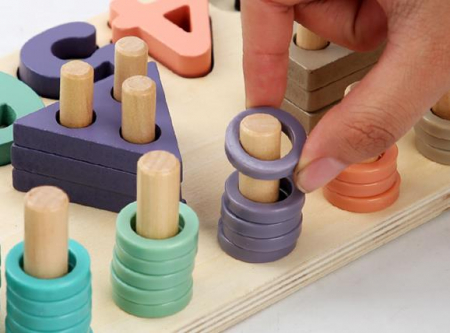 Joc multifunctional din lemn logarithmic 3 in 1 Puzzle numere, stivuit cerculete si forme geometrice [3]