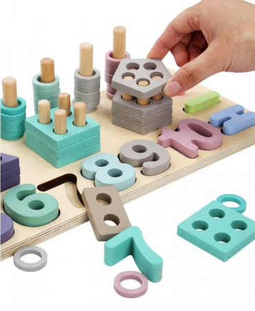 Joc multifunctional din lemn logarithmic 3 in 1 Puzzle numere, stivuit cerculete si forme geometrice [1]