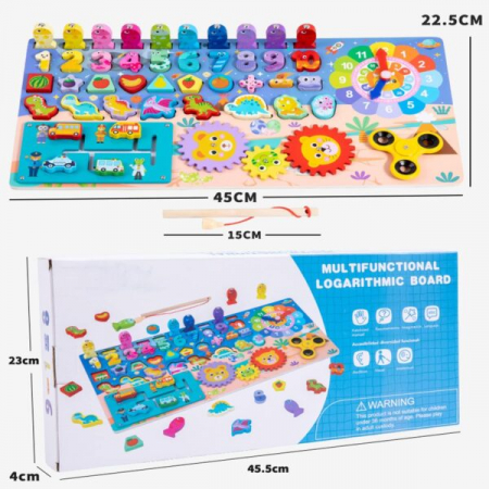 Joc multifunctional din lemn logarithmic Puzzle dinozauri si numere, pescuit magnetic, spinner, Invata ceasul [4]