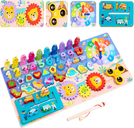 Jucării de îndemânare - Joc multifunctional din lemn logarithmic Puzzle dinozauri si numere, pescuit magnetic, spinner, Invata ceasul