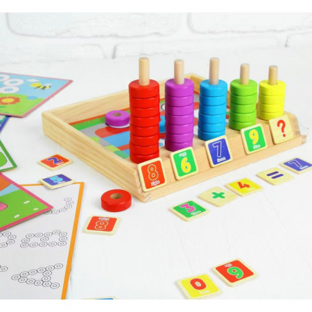Joc multifunctional din lemn numarare, calcule matematice si mozaic cu inele Interesting puzzle and counting box [2]