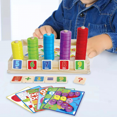Jocuri Didactice - Joc multifunctional din lemn numarare, calcule matematice si mozaic cu inele Interesting puzzle and counting box