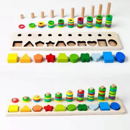 Jucării de îndemânare - Joc multifunctional din  lemn puzzle forme geometrie si stivuit Shape Pairing