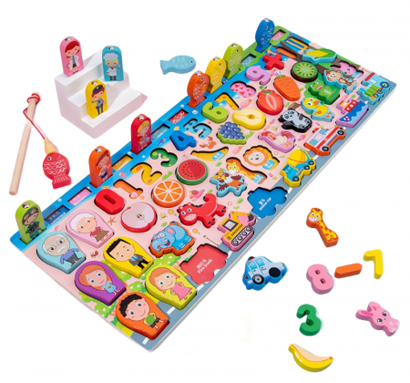 PROMOŢII - Joc multifunctional Montessori din lemn - pescuit magnetic, puzzle familia, meserii, cifre, fructe, animale, vehicule