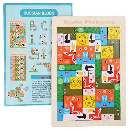 Jocuri Educative - Joc puzzle de tip tetris cu piese multicolore 3D din lemn animale