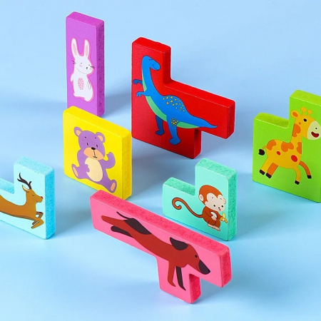 Joc puzzle de tip tetris cu piese multicolore 3D din lemn animale [4]