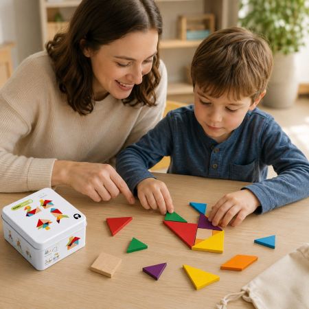 Joc tangram din lemn 7 piese si 12 pagini cu modele de reconstituit in cutie metalica, Joc de calatorie [3]