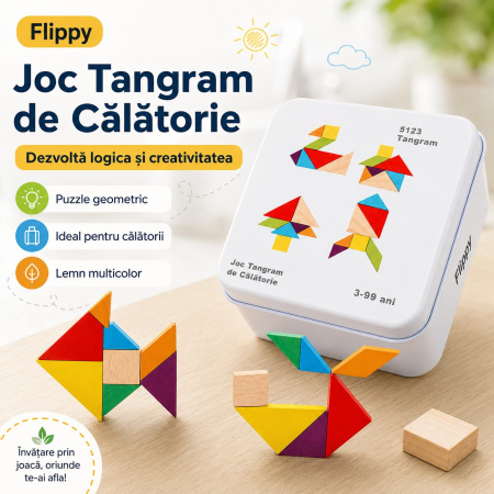Joc tangram din lemn 7 piese si 12 pagini cu modele de reconstituit in cutie metalica, Joc de calatorie [1]