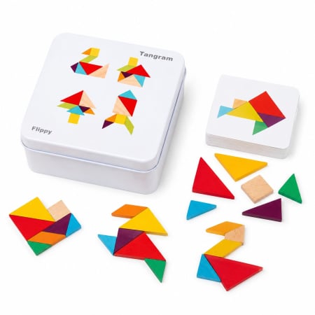 Jucării din lemn - Joc tangram din lemn 7 piese si 12 pagini cu modele de reconstituit in cutie metalica, Joc de calatorie