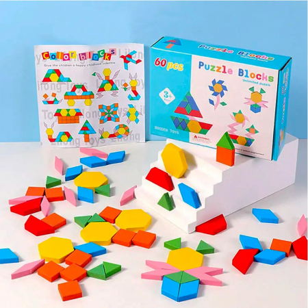 Jucării creative - Joc tangram puzzle de tip Montessori din lemn 60 de piese