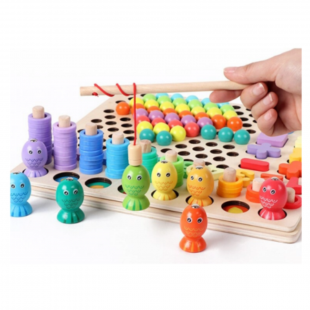 Jucărie din lemn multifuncțională de tip Montessori PUZZLE 3D, JOC DE STIVUIT, JOC DE PESCUIT MAGNETIC și JOC DE ASOCIERE CU BILE - Logarithmic plate with beads [4]